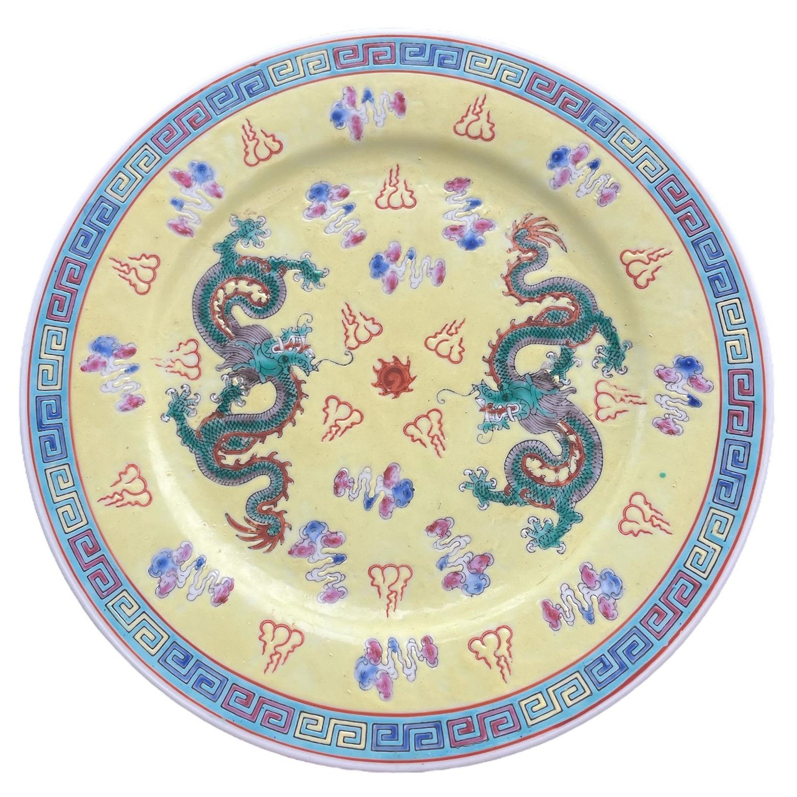 Chinese Export Hand-Painted Porcelain Plate with Dragons and Flaming Pearl  For Sale