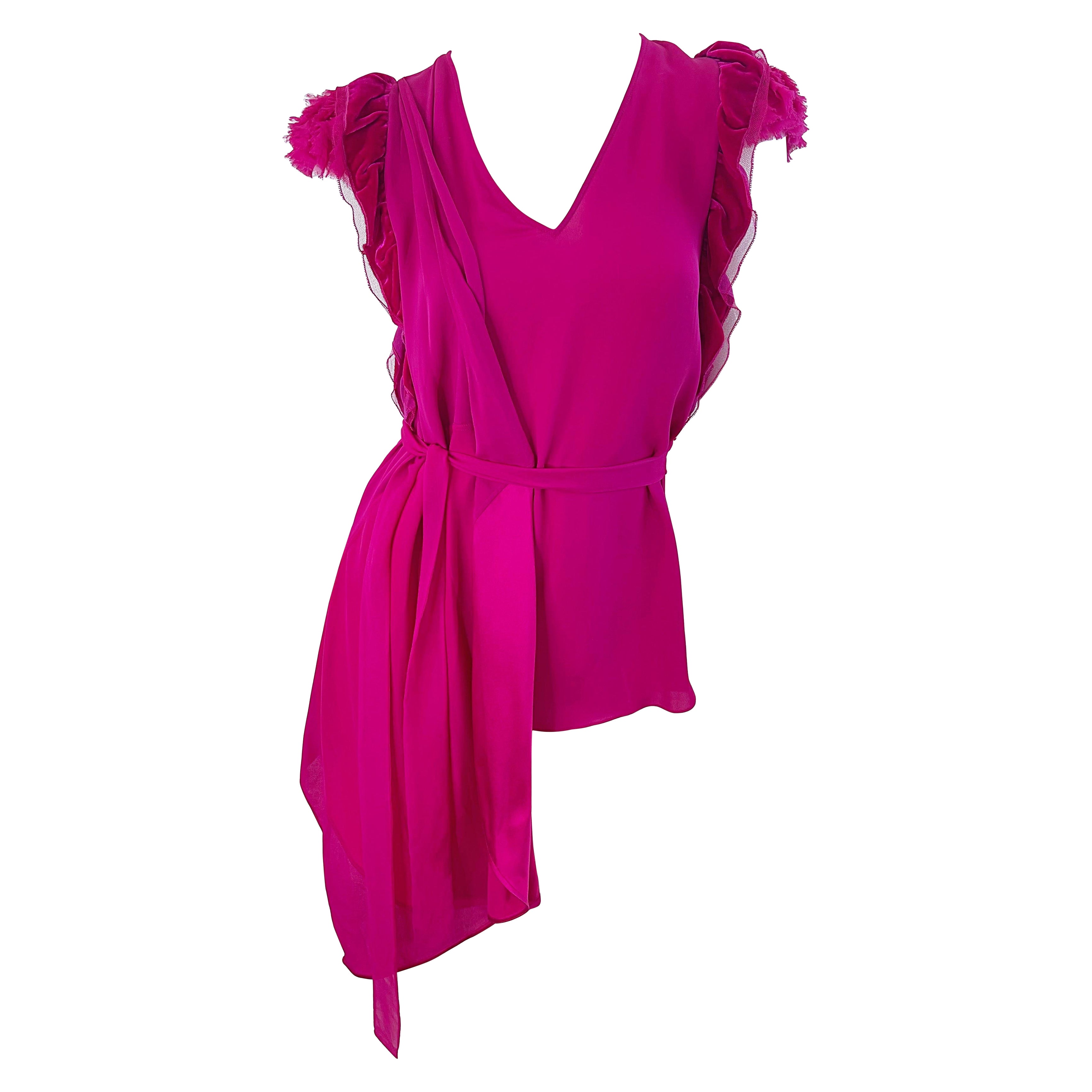 NWT Givenchy Spring 2020 Size 34 / 2 - 4 Hot Pink Fuchsia Silk Belted Blouse Top For Sale