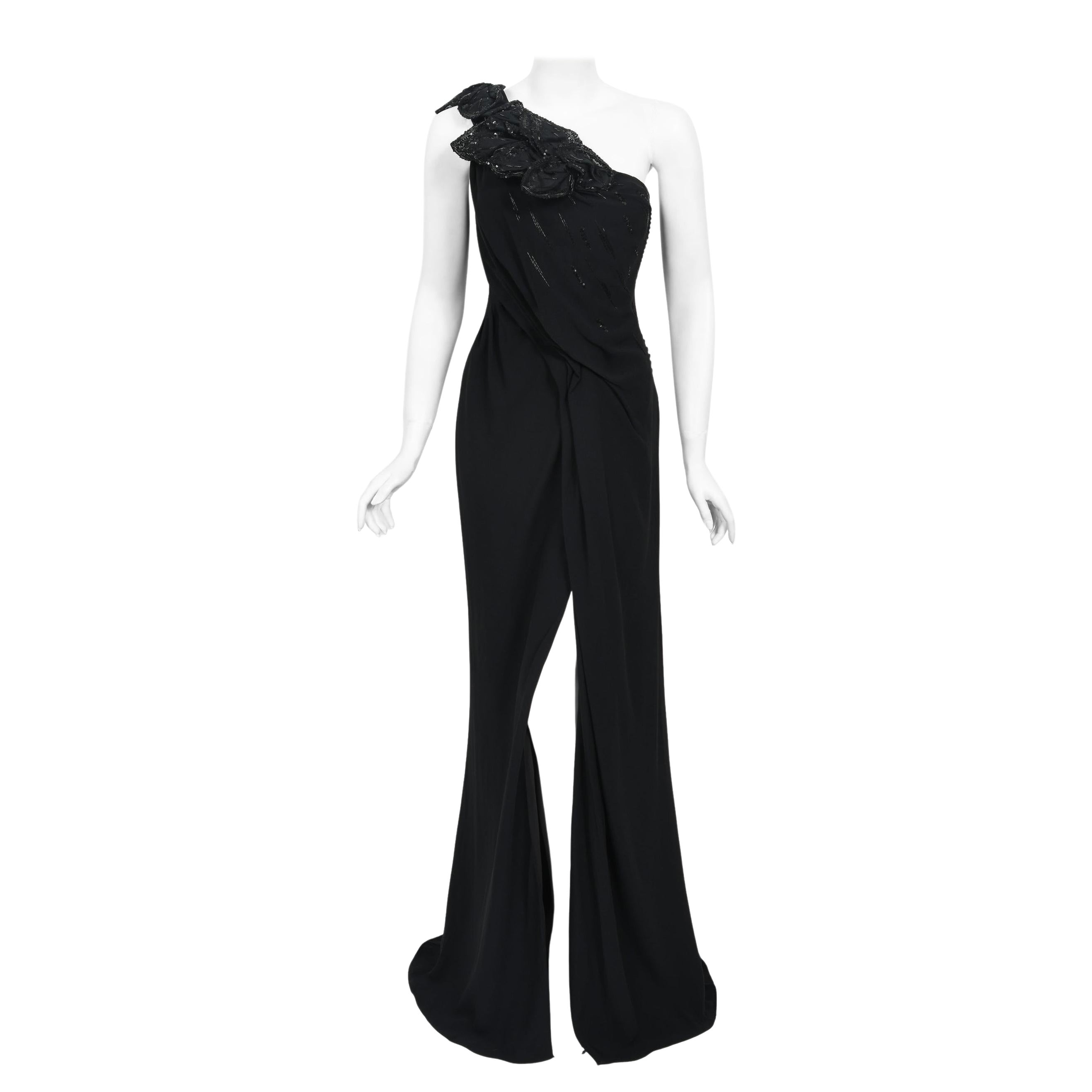 2008 Christian Dior by John Galliano Black Beaded Silk High Slit Bias-Cut Gown For Sale