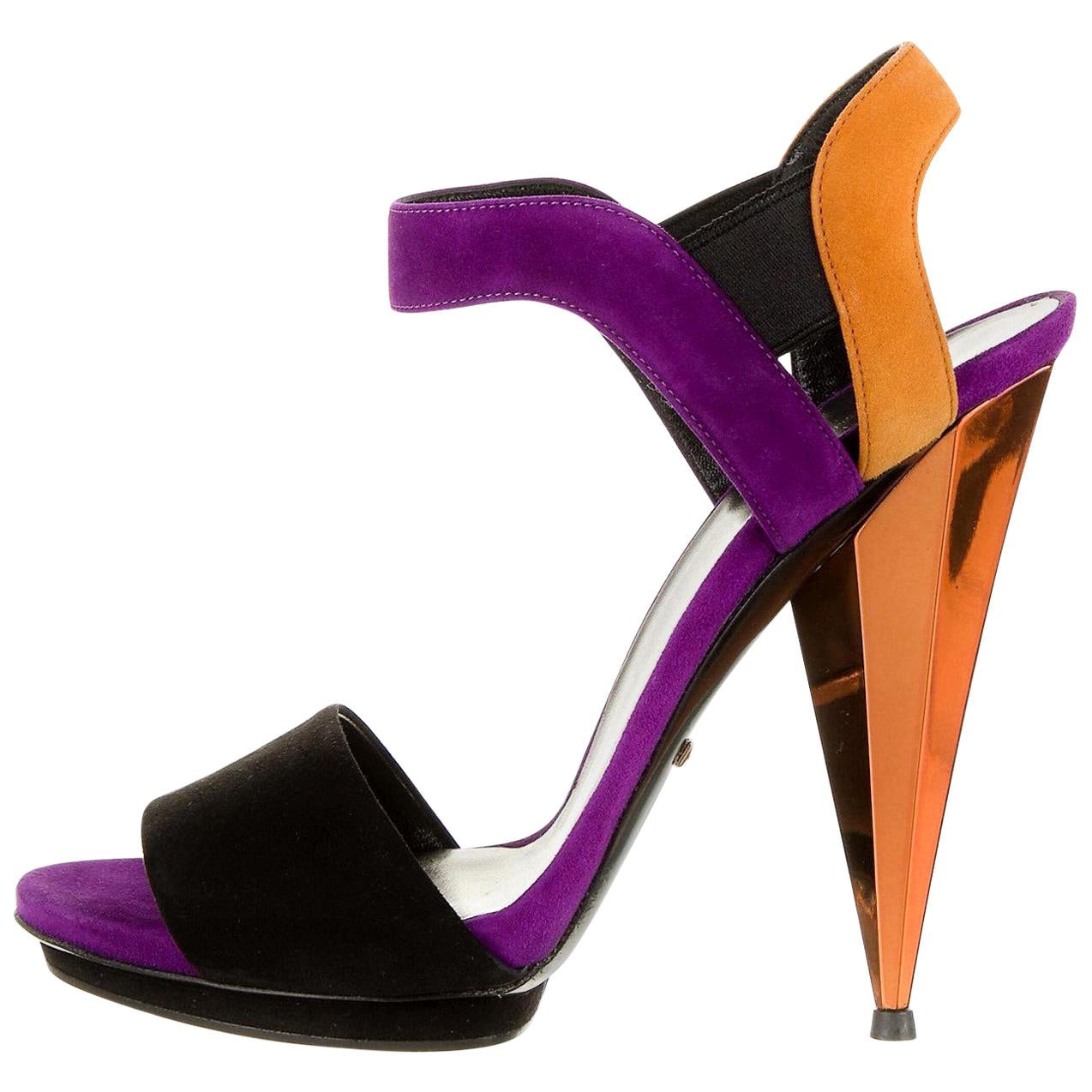 Nueva Gucci Pasarela 2014 Púrpura Naranja Gamuza Espejo Tacones de Bomba Sz 38.5