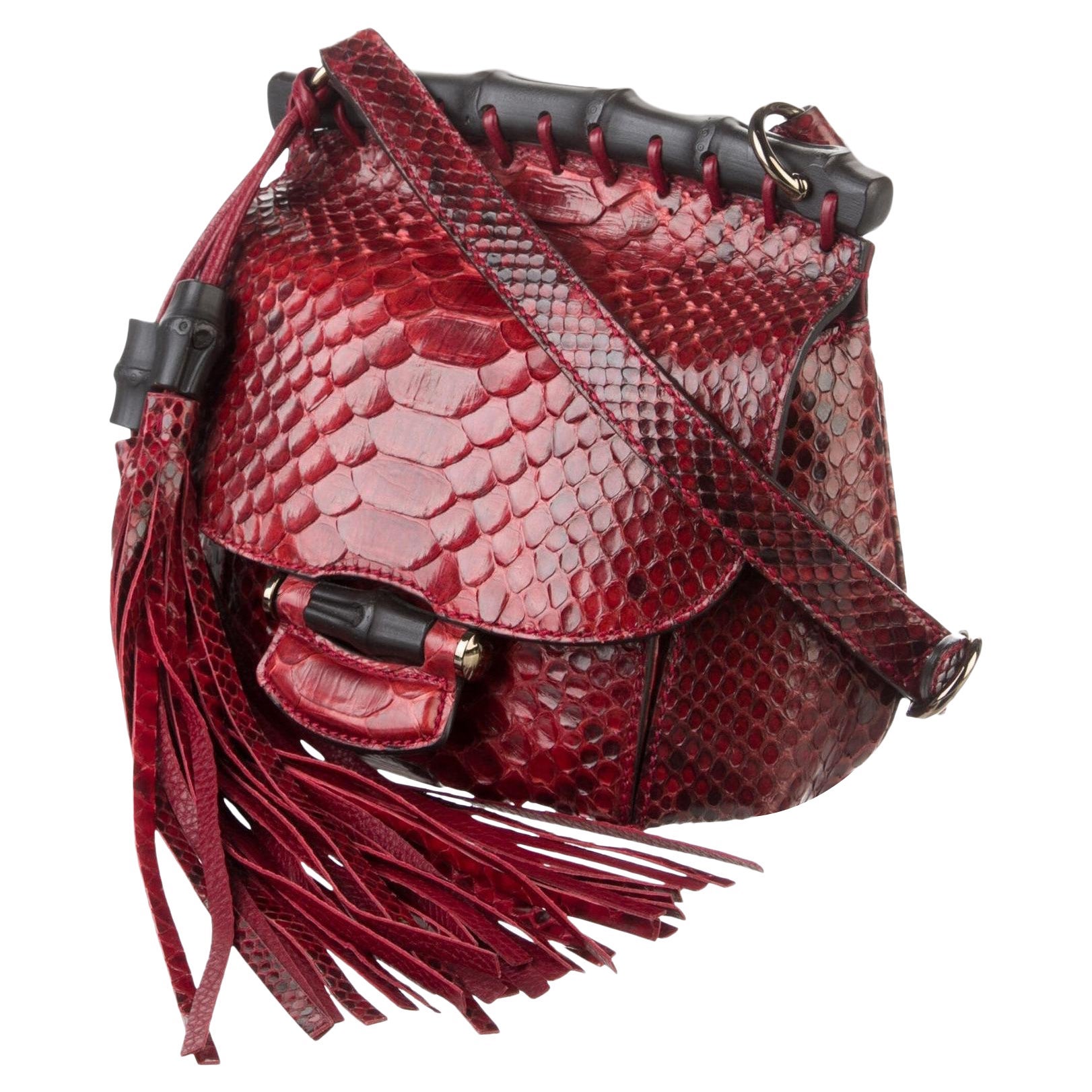 New Gucci Nouveau Python Fringe Bamboo Runway Bag in Red $3100 For Sale