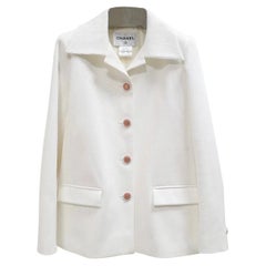 Chanel White Ribbed Cotton Button Front Jacket Blazer