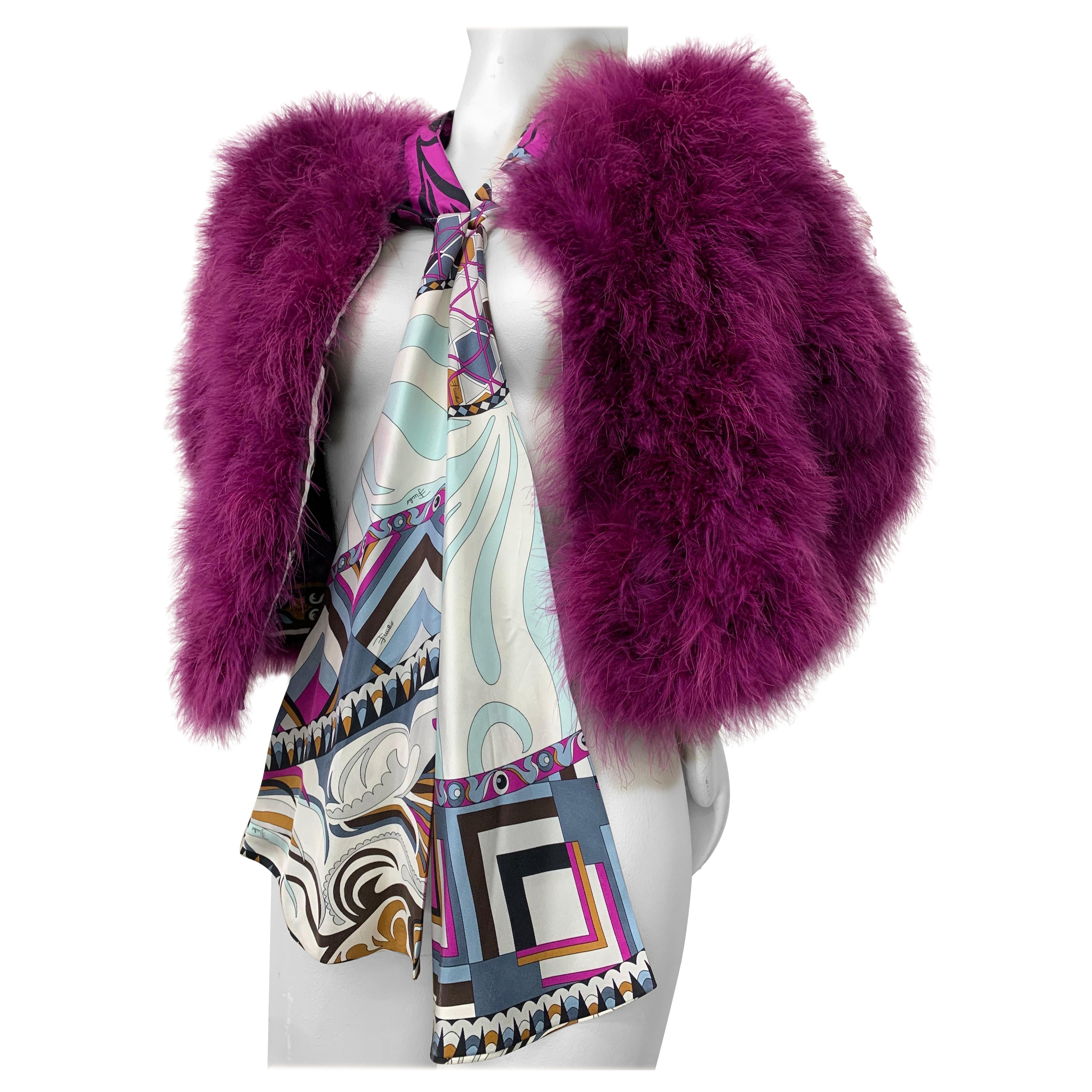 Torso Creations Magenta Marabou Chubby Jacket w Pucci Scarf Tie at Neckline For Sale
