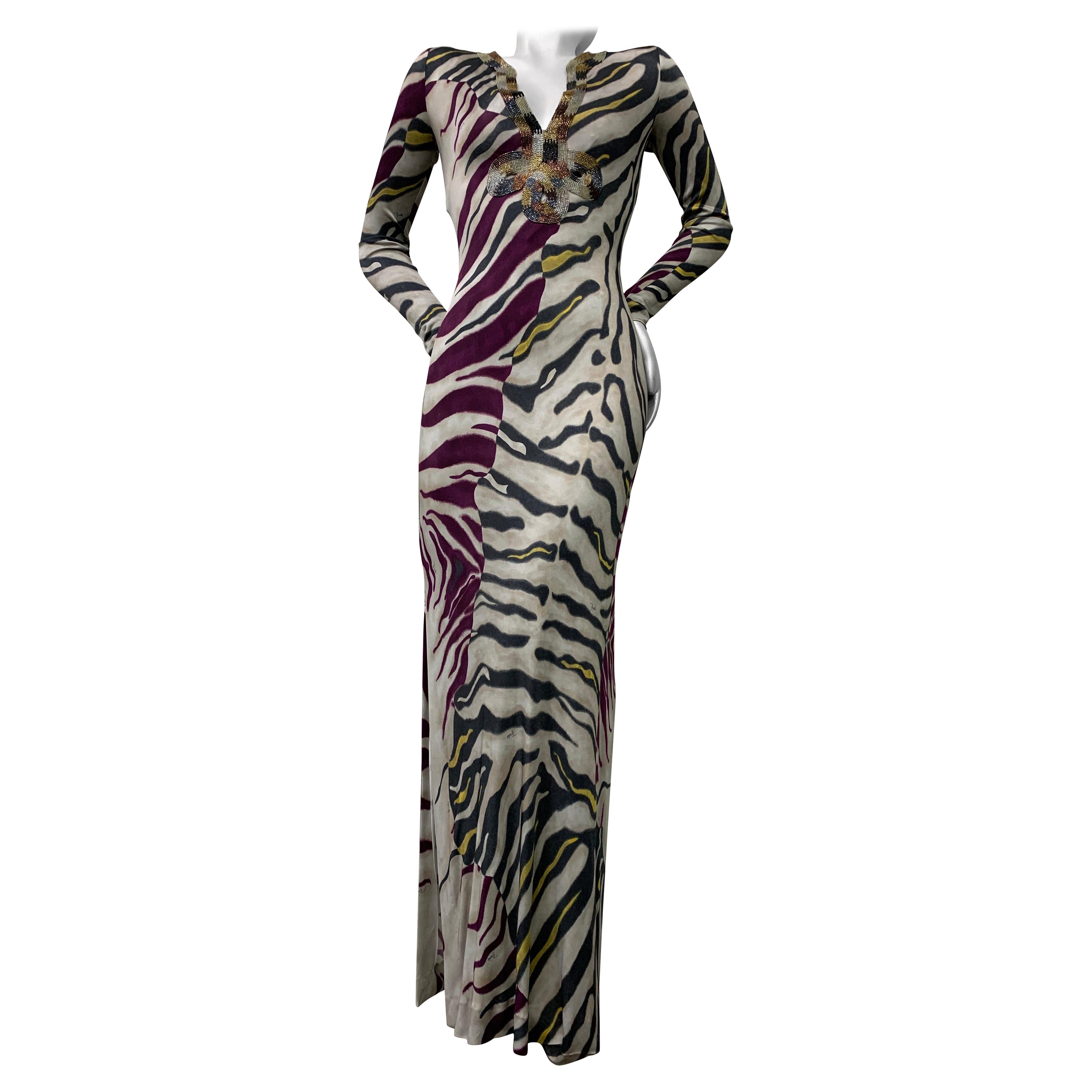 Emilio Pucci Stylized Zebra-Print Body-Conscious Beaded Maxi Dress in Rayon Knit For Sale