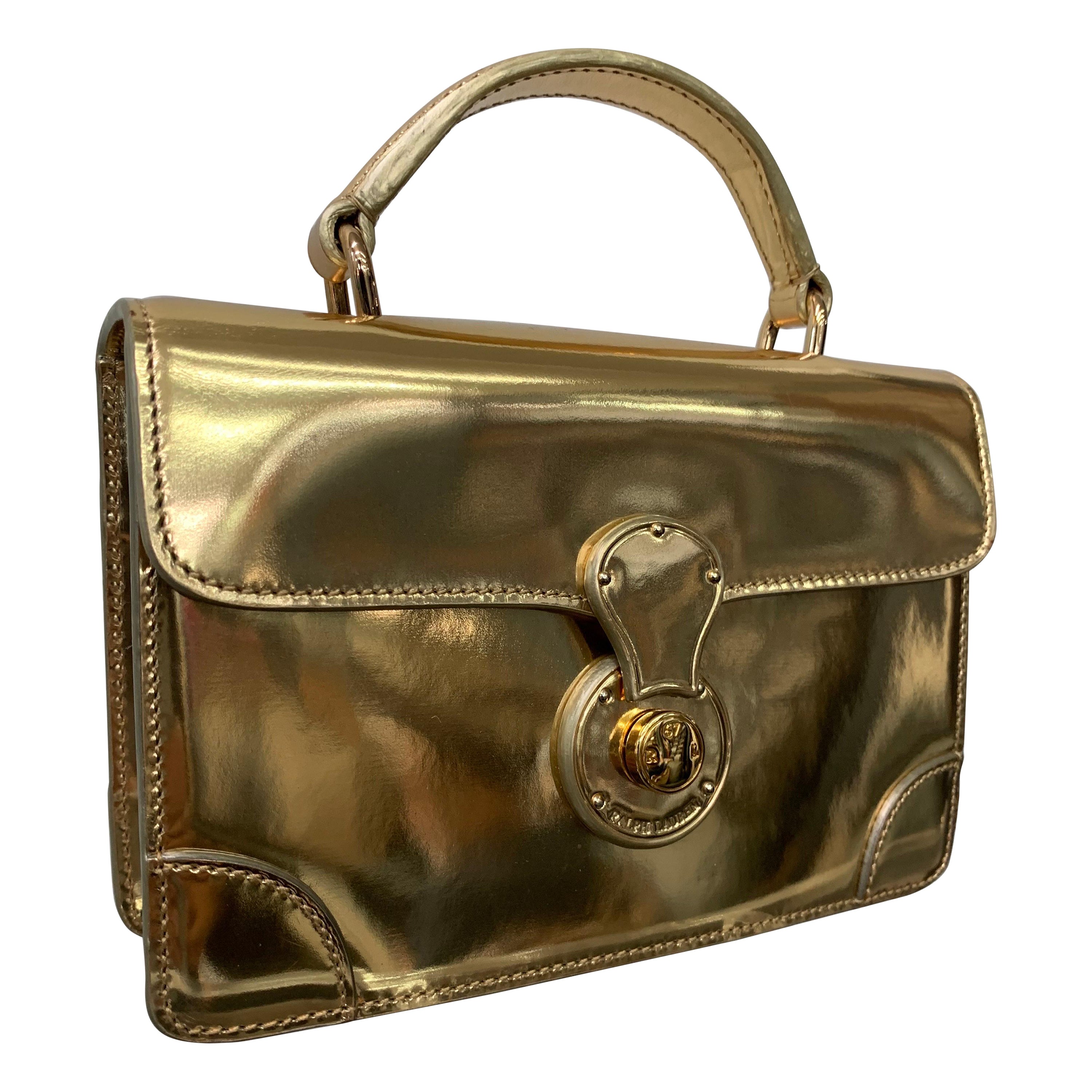 Ralph Lauren Gold Metallic Leather Mini Box Bag w Top Handle Shoulder Strap For Sale