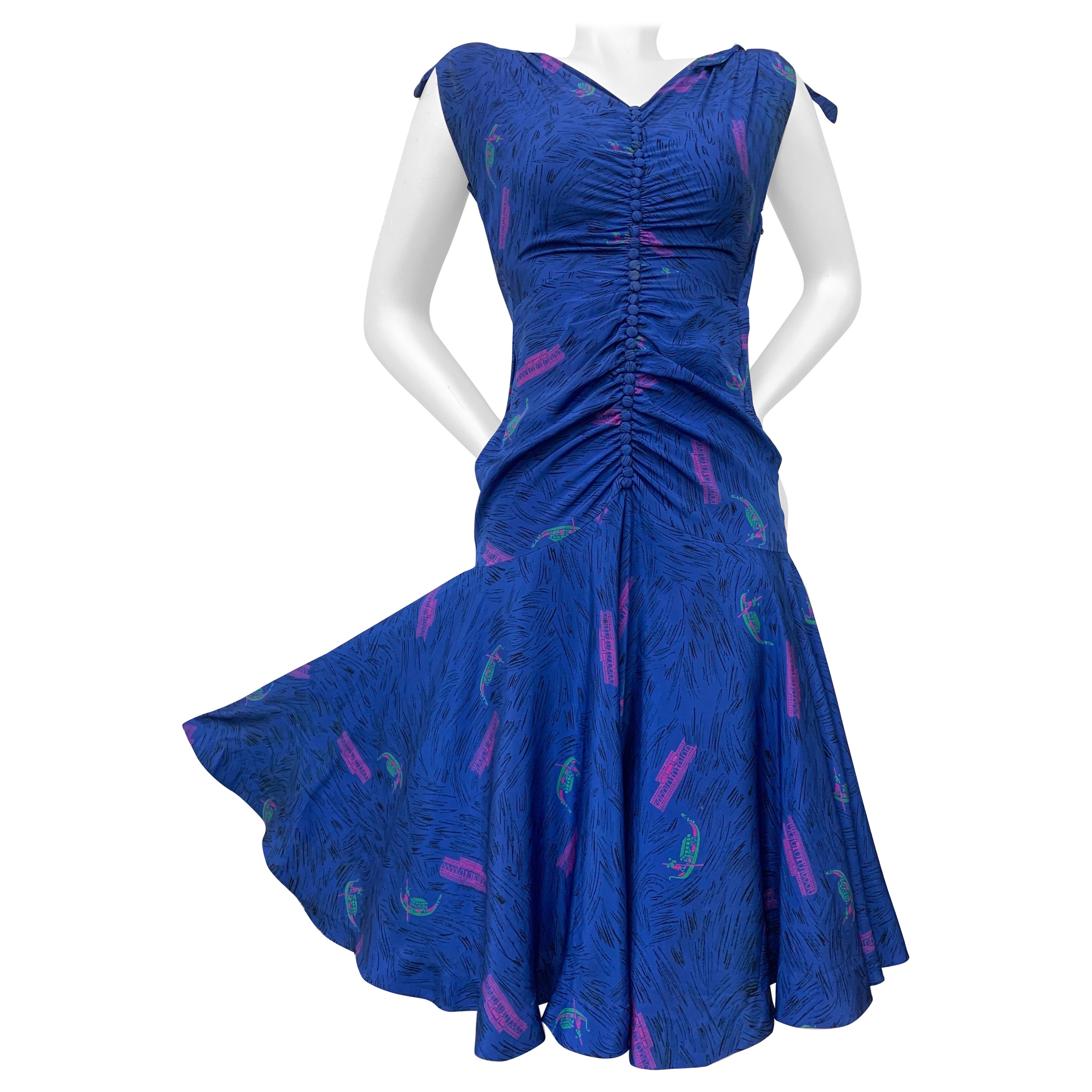 Late 1940s Nat Tuman Cobalt Blue Rayon "Gondola" Print Day Dress w Full Hemline