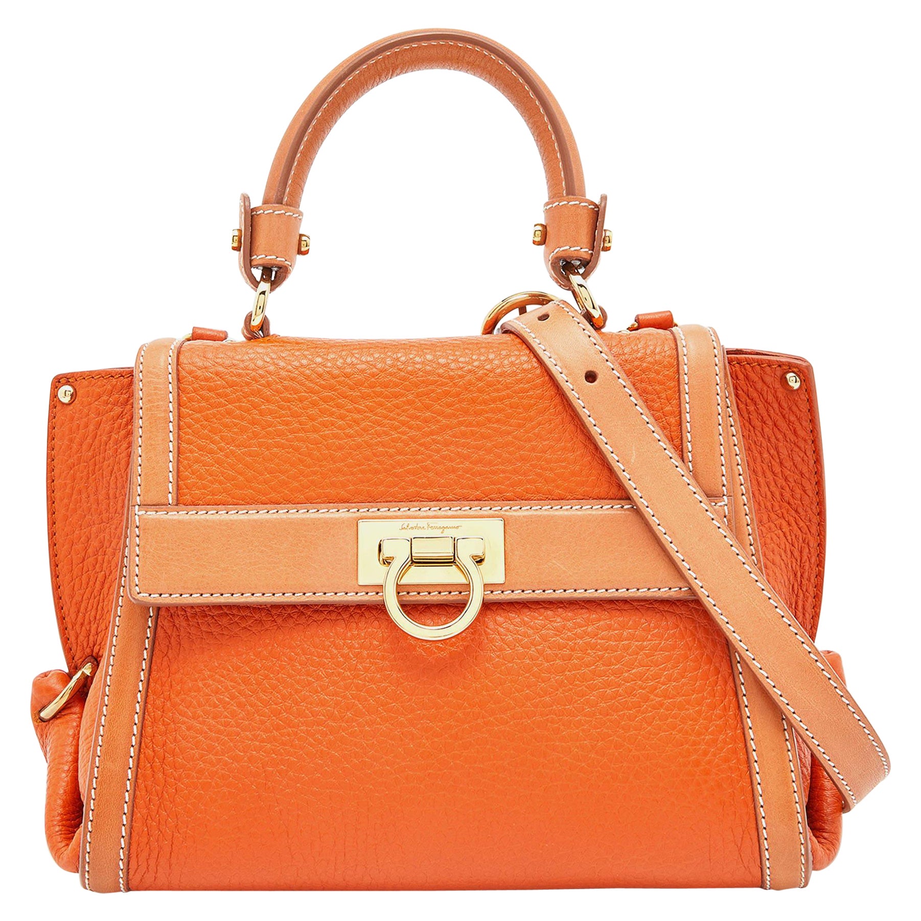 Salvatore Ferragamo Two Tone Orange Leather Small Sofia Top Handle Bag