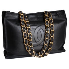 Chanel CC Tote Bag Black Lambskin Gold Chain Used 1990s Large Shoulder Bag 