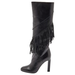 Saint Laurent Black Leather Fringe Grace Knee Length Boots Size 38.5