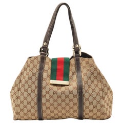 Gucci Beige/Brown GG Canvas and Leather Large New Ladies Web Hobo
