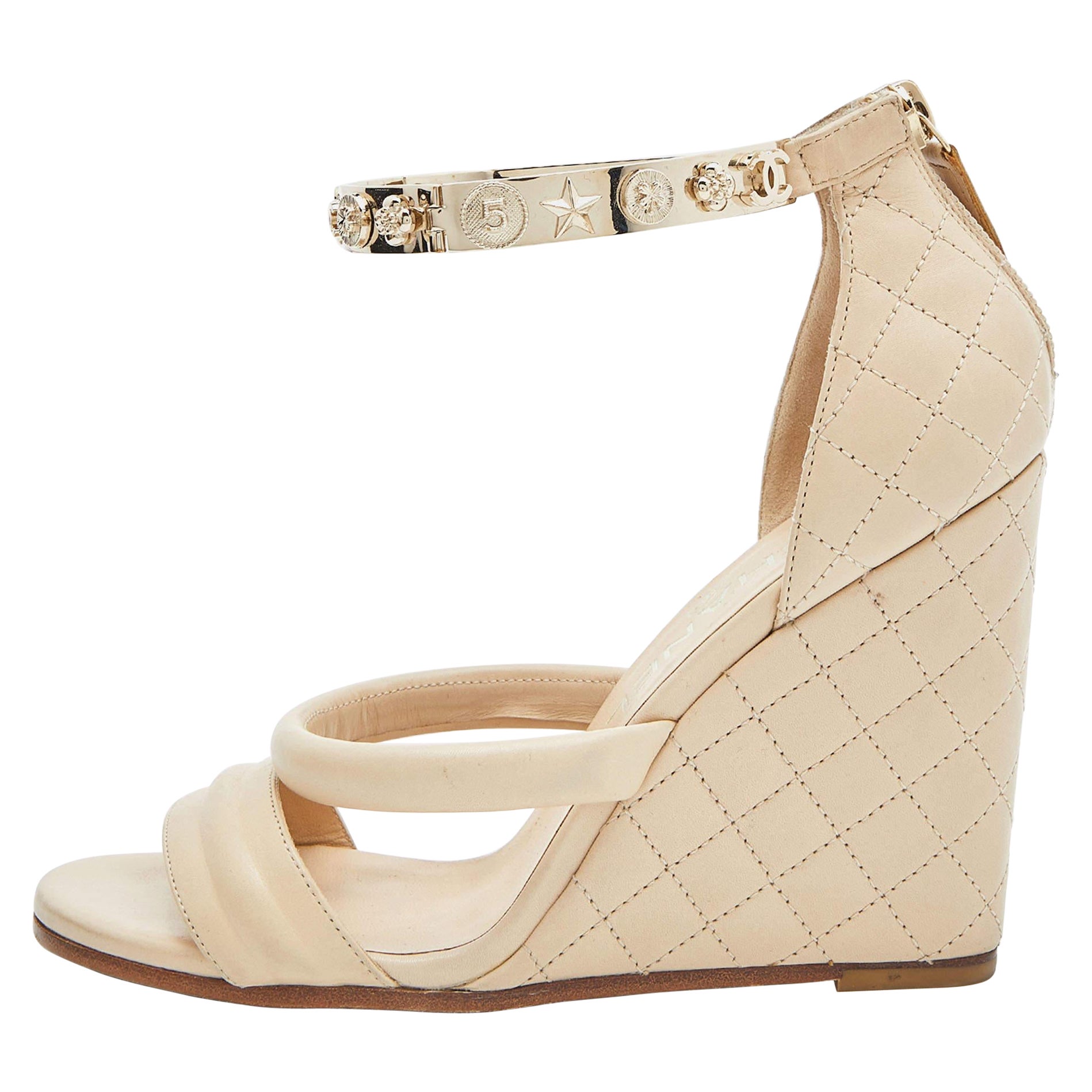 Chanel Beige Quilted Leather Bracelet Ankle Strap Wedge Sandals Size 36