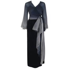 1970 Christian Dior Haute-Couture Ombre Chiffon & Velvet Billow-Sleeve Ensemble 12