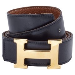 Hermes Black/Gold Box/Togo Leather H Buckle Reversible Belt 95CM