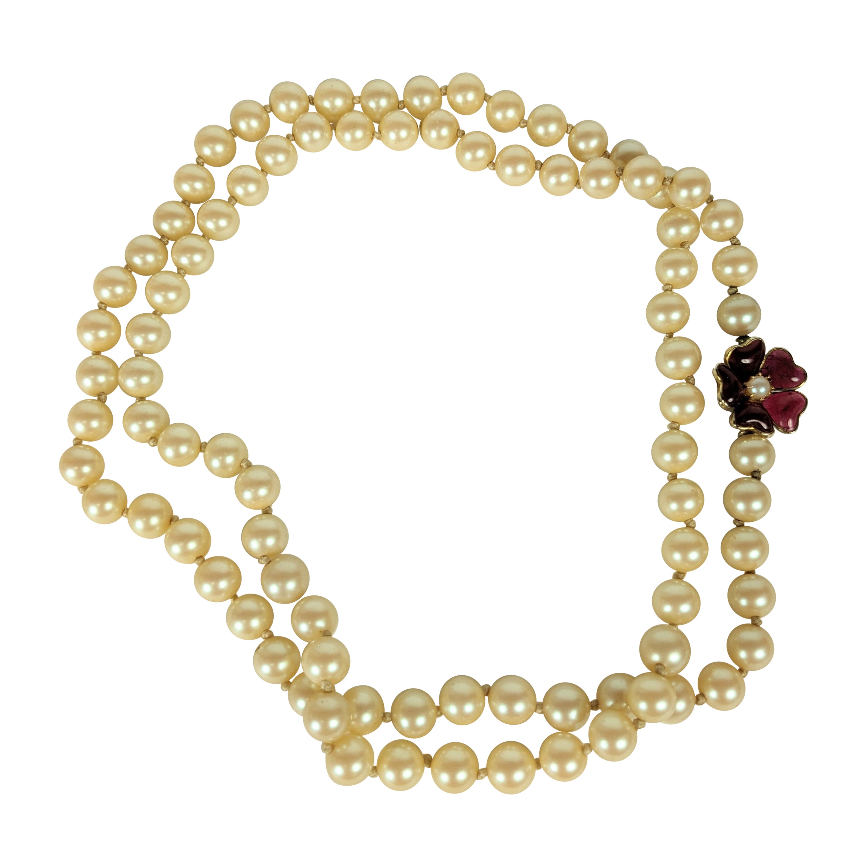 Vogue Pearls with Gripoix Flower Clasp For Sale