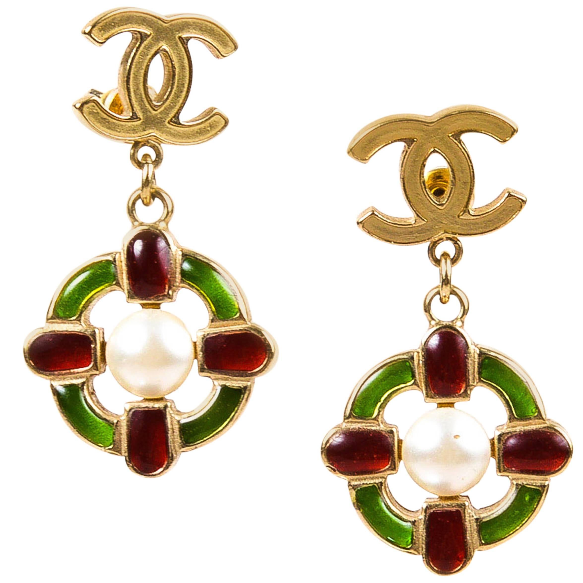 Chanel 07A Gold Tone 'CC' Red Green Gripoix Faux Pearl Drop Post Earrings
