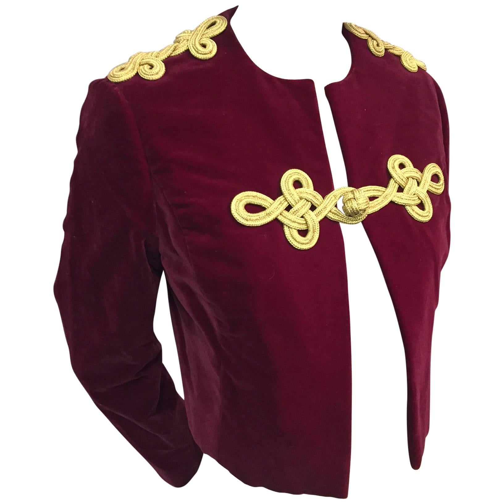 1960s Bill Blass Burgundy Velvet Jacket w Gold Braid Epaulets and Closure