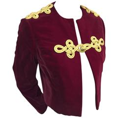 1960s Bill Blass Burgundy Velvet Jacket w Gold Braid Epaulets and Closure 7