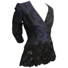 Oscar de la Renta Navy and Black Brocade Jacket w Peplum and Cut-Out Lace