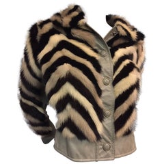 1960s Chevron Pieced Black White and Tan Mink Bomber Jacket