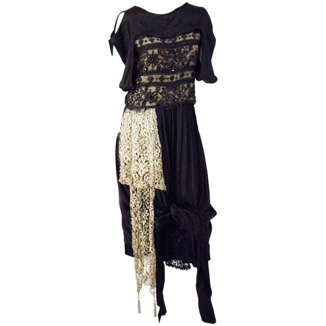 Edwardian Black Silk Evening Gown with Silver Lamé Lace and Beading For ...