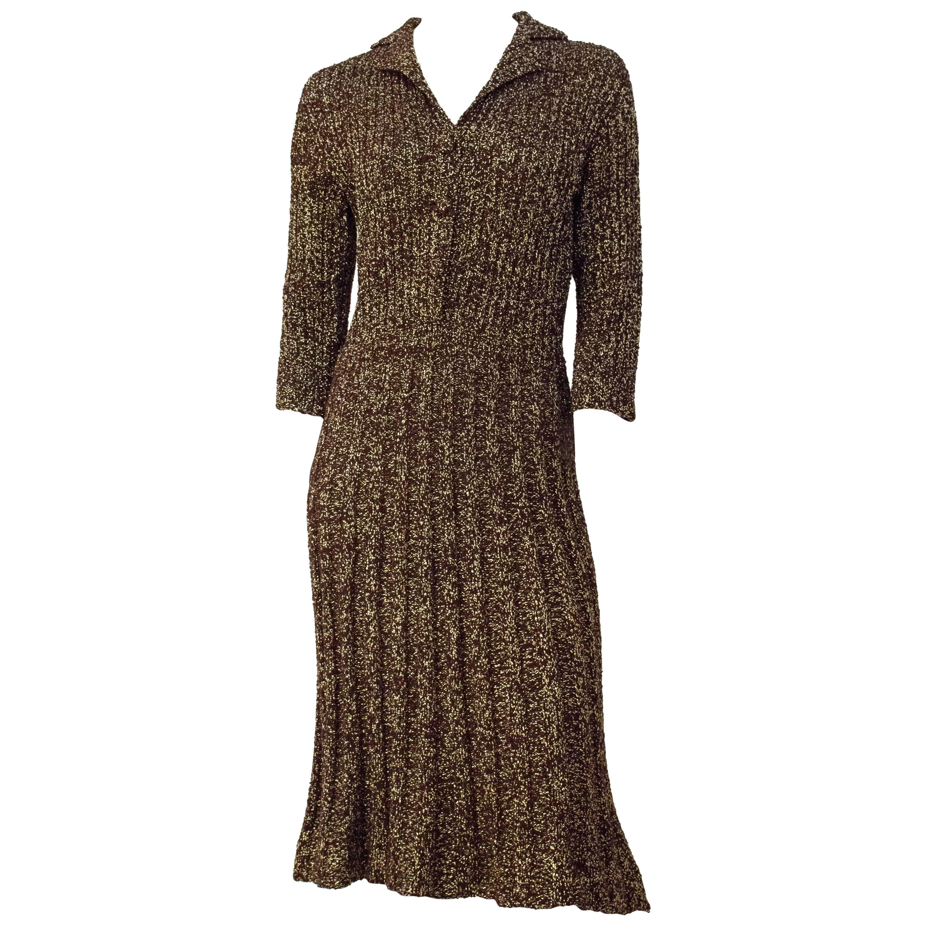 40s Brown & Gold Knit Sweater Dress  For Sale