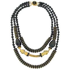 Vintage 50s Miriam Haskell Black & Gold Ram Head Necklace 