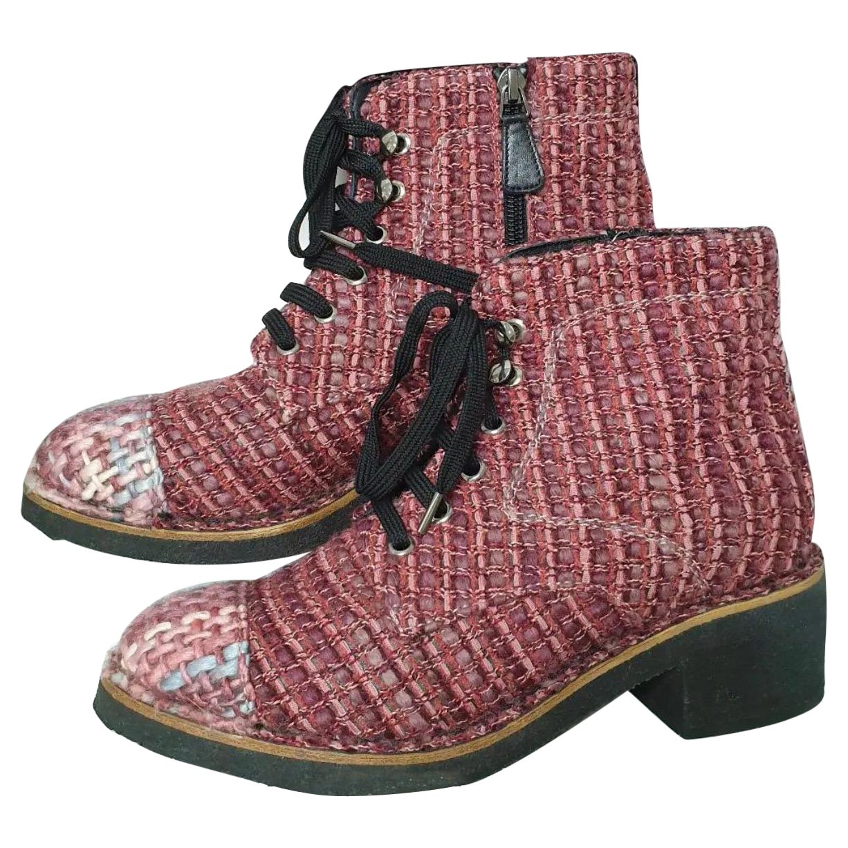 Chanel Burgundy Tweed Lace Up Ankle Boots For Sale at 1stDibs