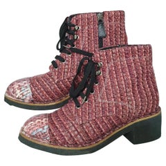 Chanel - Bottines à lacets en tweed - Bourgogne