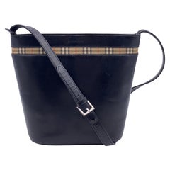 Burberry Vintage Black Leather Haymarket Bucket Shoulder Bag