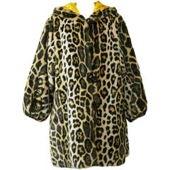 Retro 1990s ESCADA Leopard Print Faux Fur Hooded Coat Jacket