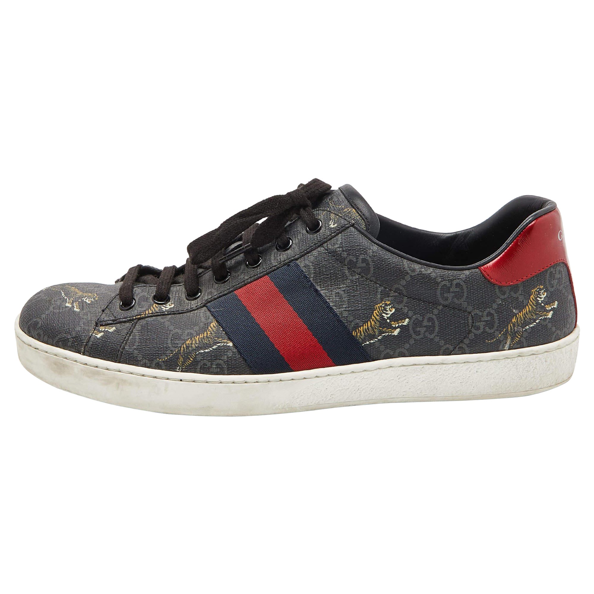 Gucci Black GG Supreme Canvas Web Ace Tiger Low Top Sneakers Size 43 For Sale