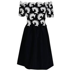 1960's Arnold Scaasi Black & White Leather Applique Silk Off-Shoulder Dress 9