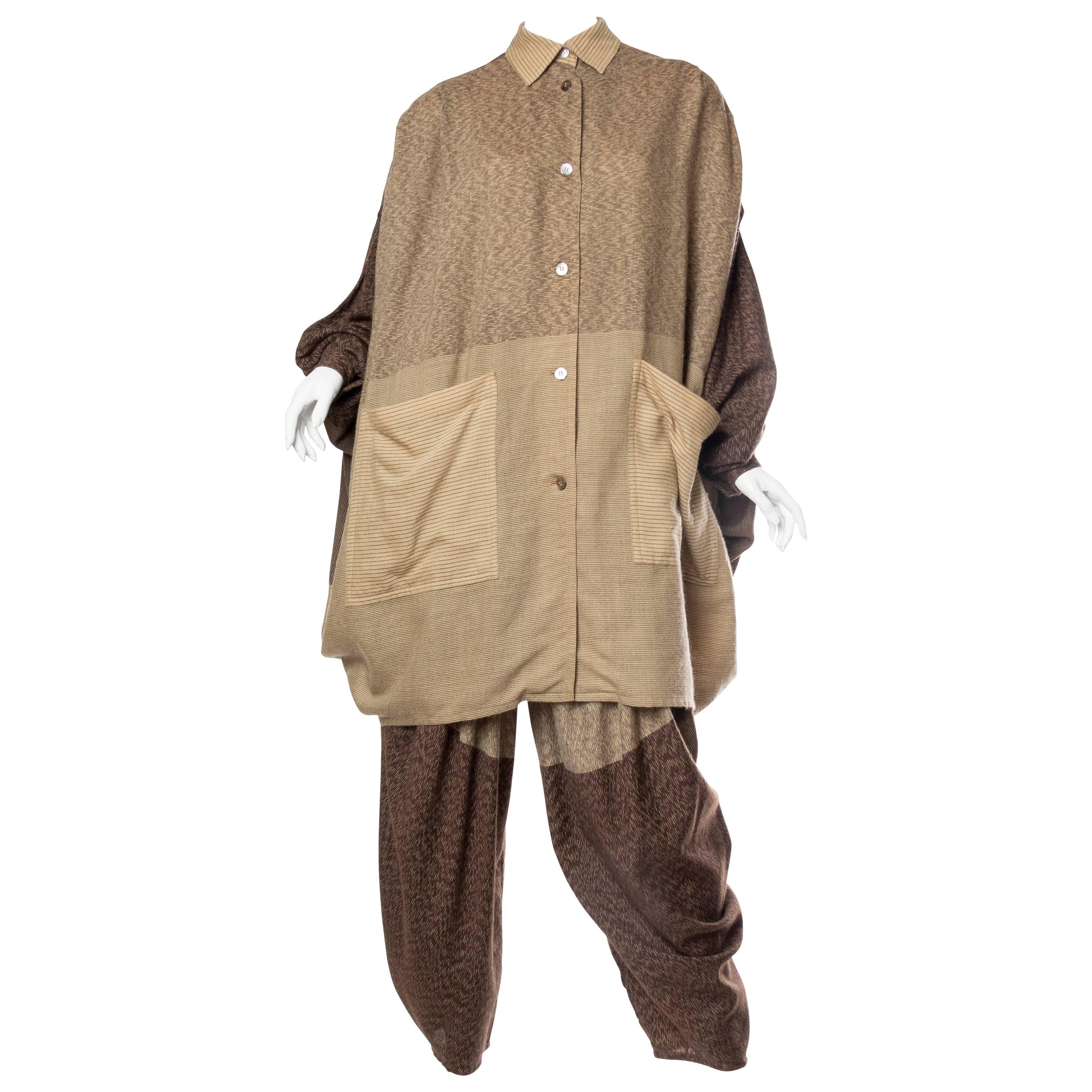 1980S ISSEY MIYAKE Tan & Brown Wool Blend Oversized Shirt Pleated Pants Ensemble For Sale