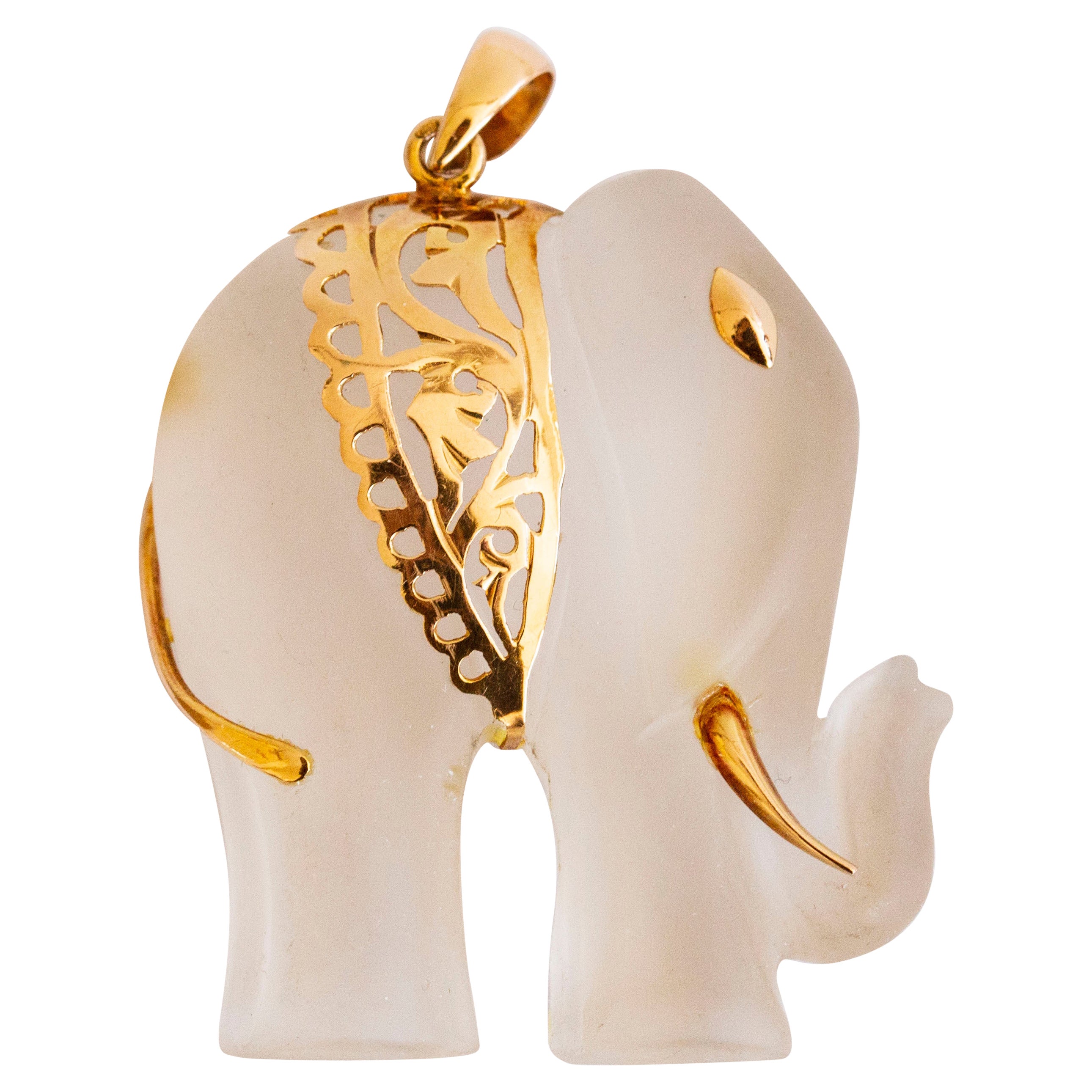 Rock Crystal Carved Elephant and 14 Karat Yellow Gold Pendant For Sale