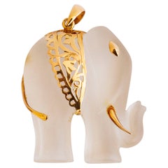 Vintage Rock Crystal Carved Elephant and 14 Karat Yellow Gold Pendant