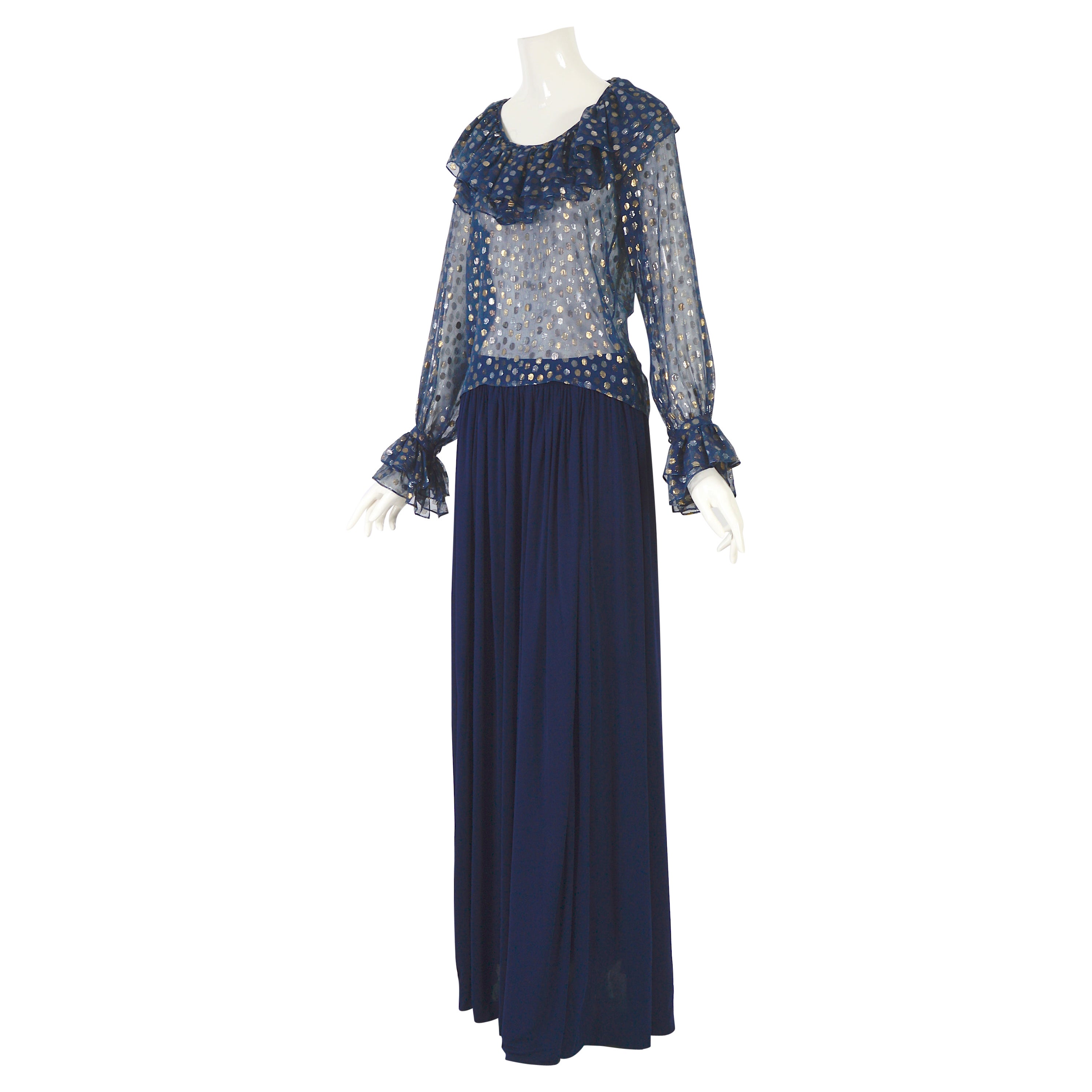 Yves Saint Laurent 1970s blue chiffon dot blouse & blue silk jersey skirt set For Sale