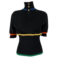 Chanel Rare 1980s Black Cotton Crochet Sweater Colour Stripes Logo Buttons 