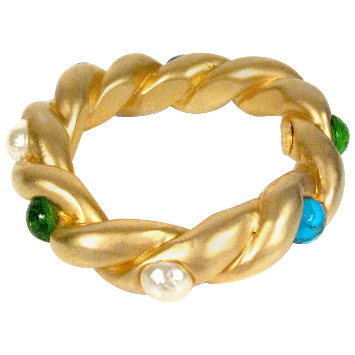 Chanel Pearl Glass Bangle Vintage Gripoix Bracelet Gold Green Blue Cuff CC Stone For Sale