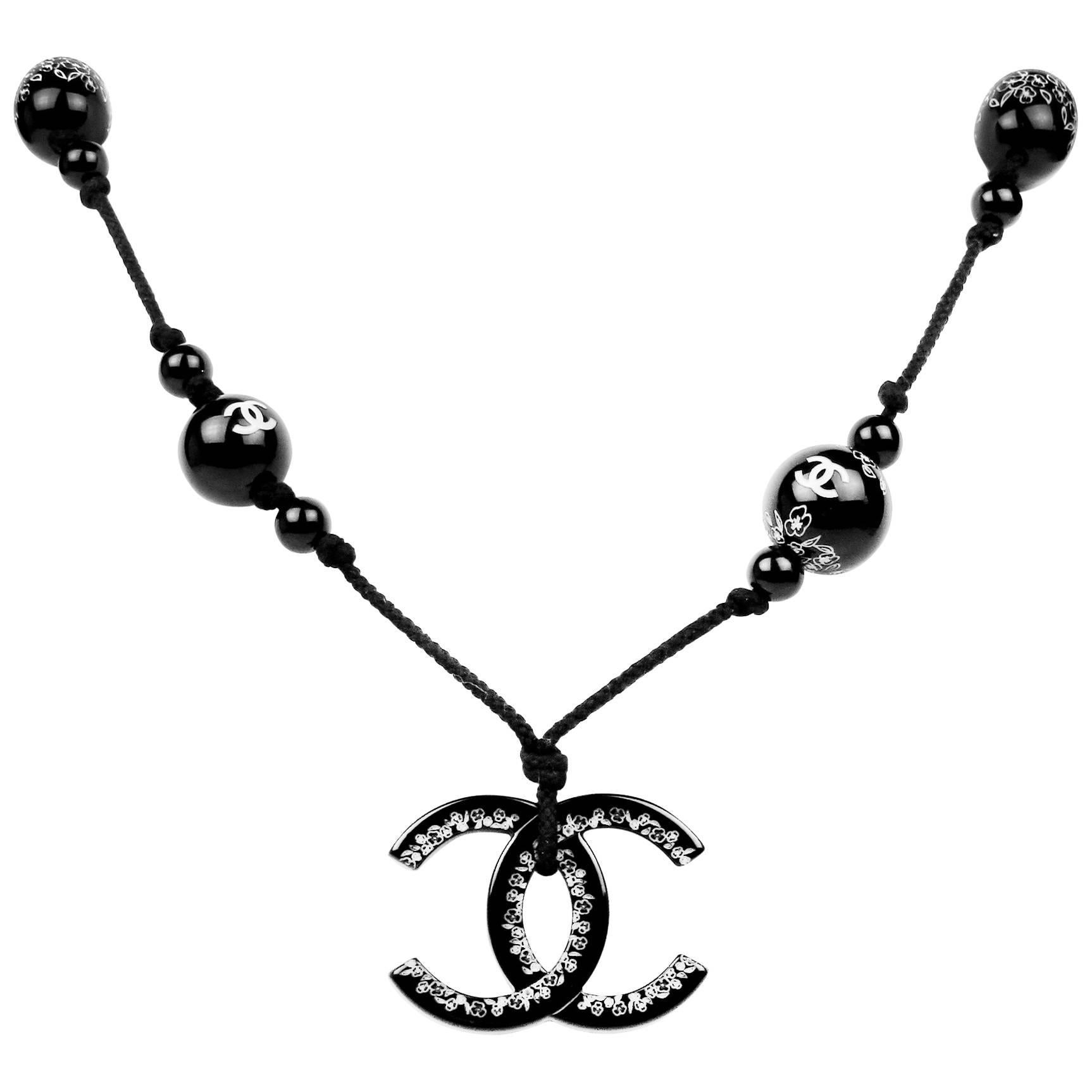 Chanel XL CC Beaded Necklace - Black Rope Black & White Charm Camellia Pearl 06