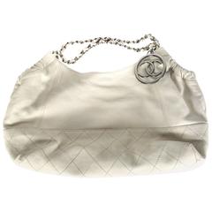 Chanel Leather Handbag - White Quilted Silver CC Charm Chain Bag Coco Cabas