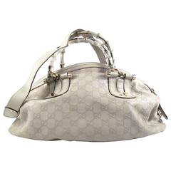 Gucci Bamboo Leather Monogram Shoulder Bag - Tan Beige GG Gold Satchel Handbag