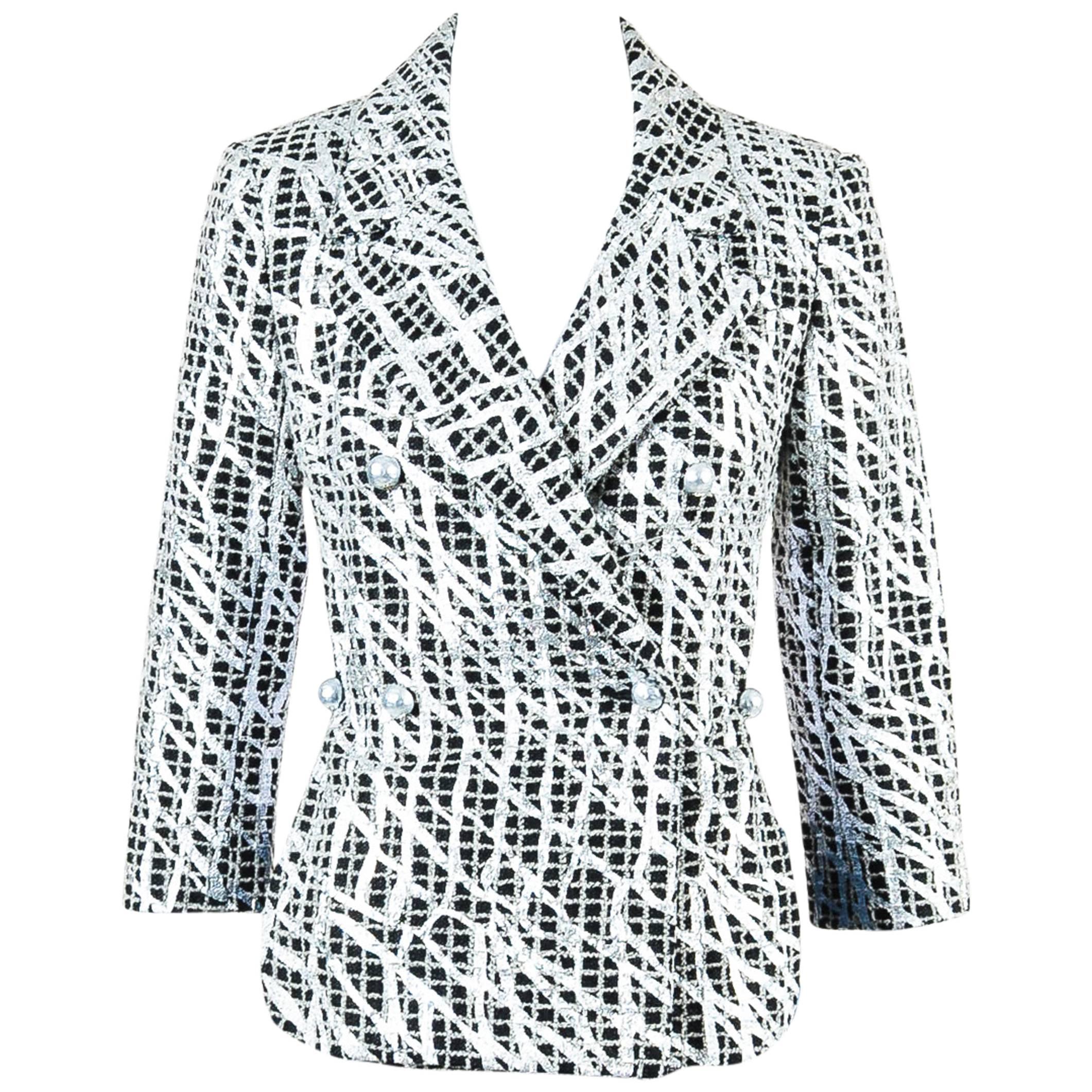 Chanel Black Metallic Silver & Gray Wool Blend Tweed Cropped Back Jacket SZ 36 For Sale