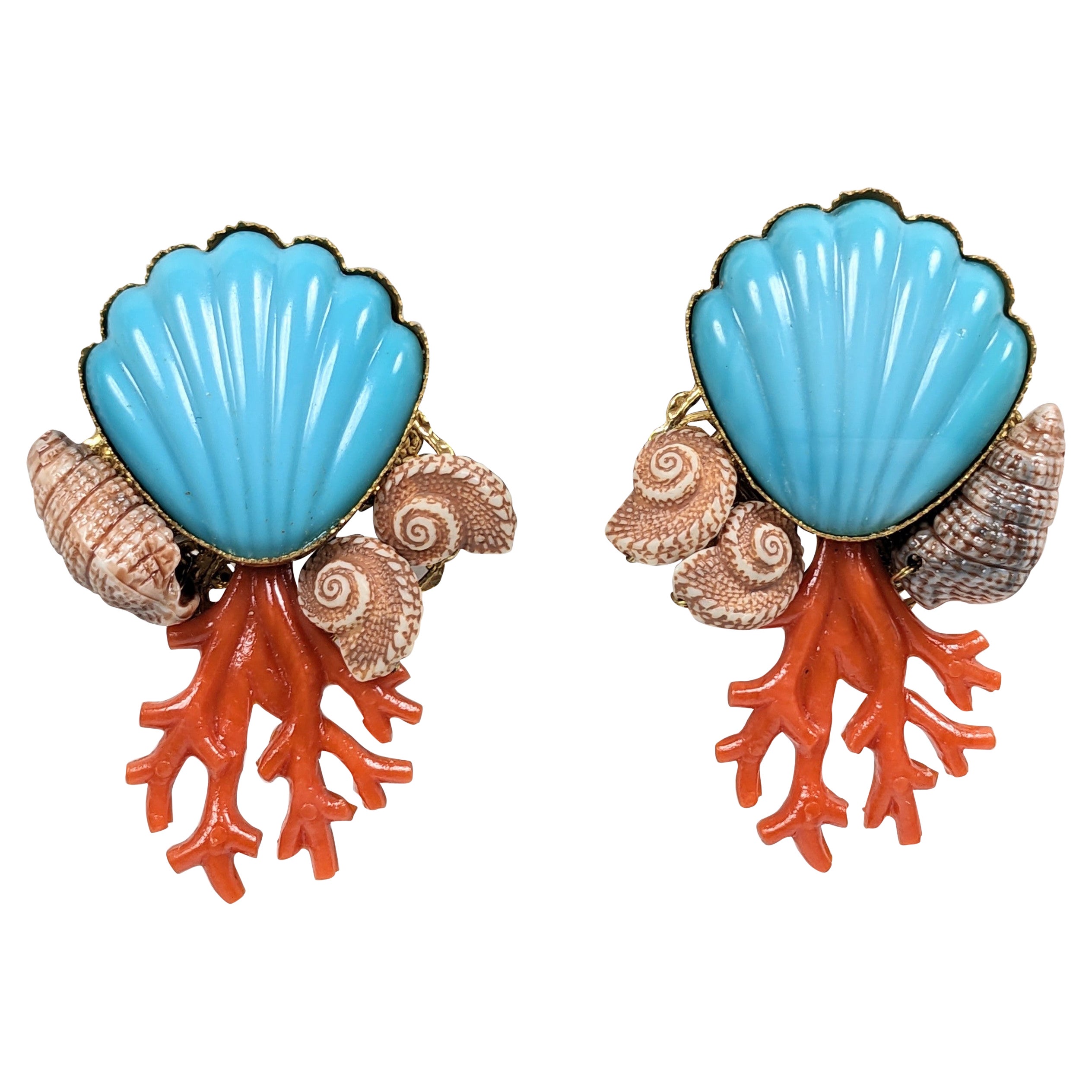 Miriam Haskell Coral and Shell Motif Earrings For Sale