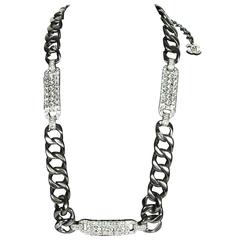 Chanel Crystal Gunmetal Color Curb Chain Necklace Belt with CC Logo Charm 