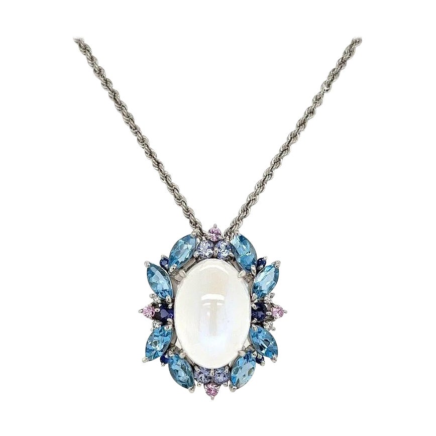 Vintage 9.51 Carat Moonstone Topaz Sapphire Tanzanite and Diamond Gold Necklace For Sale