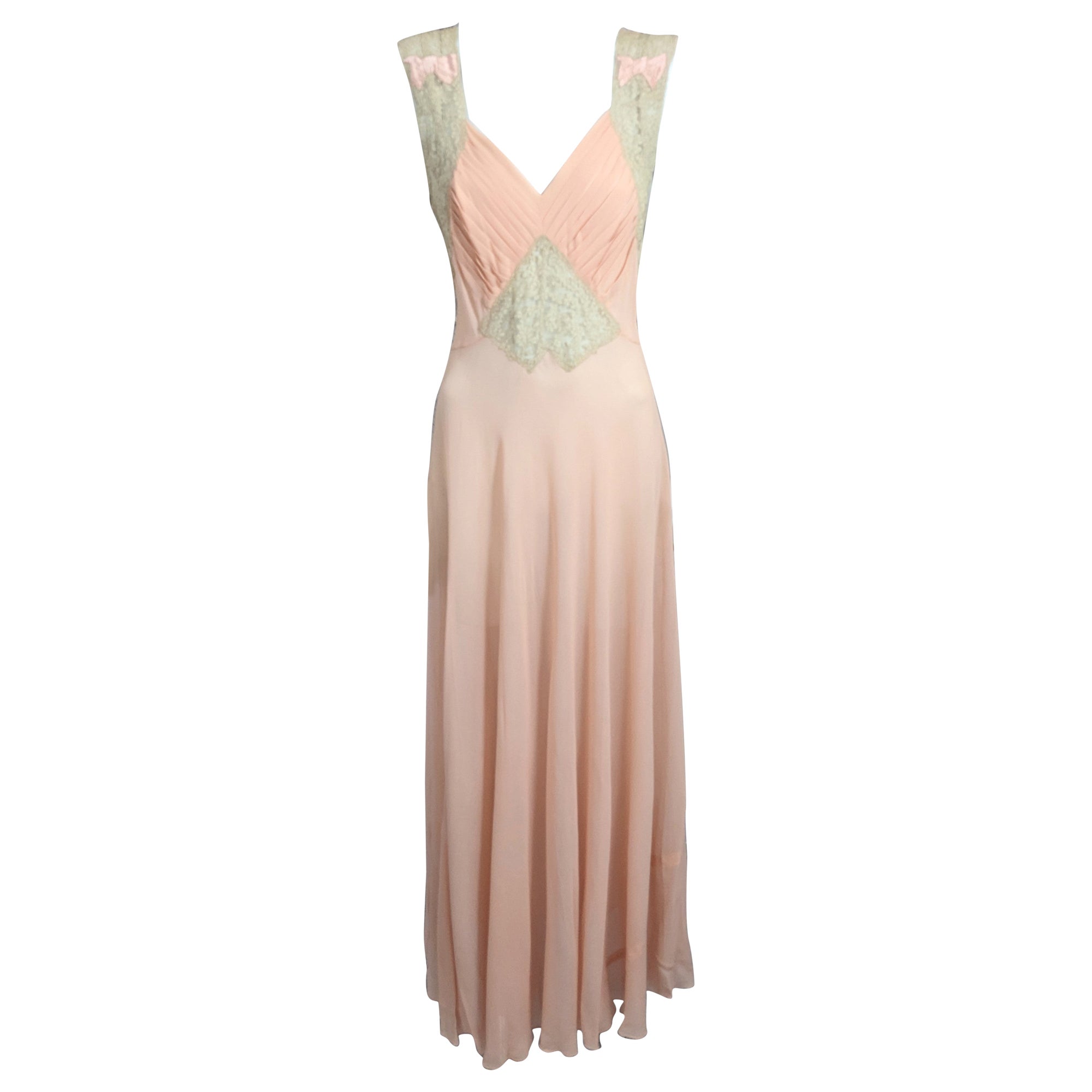  Art Deco Blush Pink Silk Crepe Chiffon and Lace Gown  For Sale