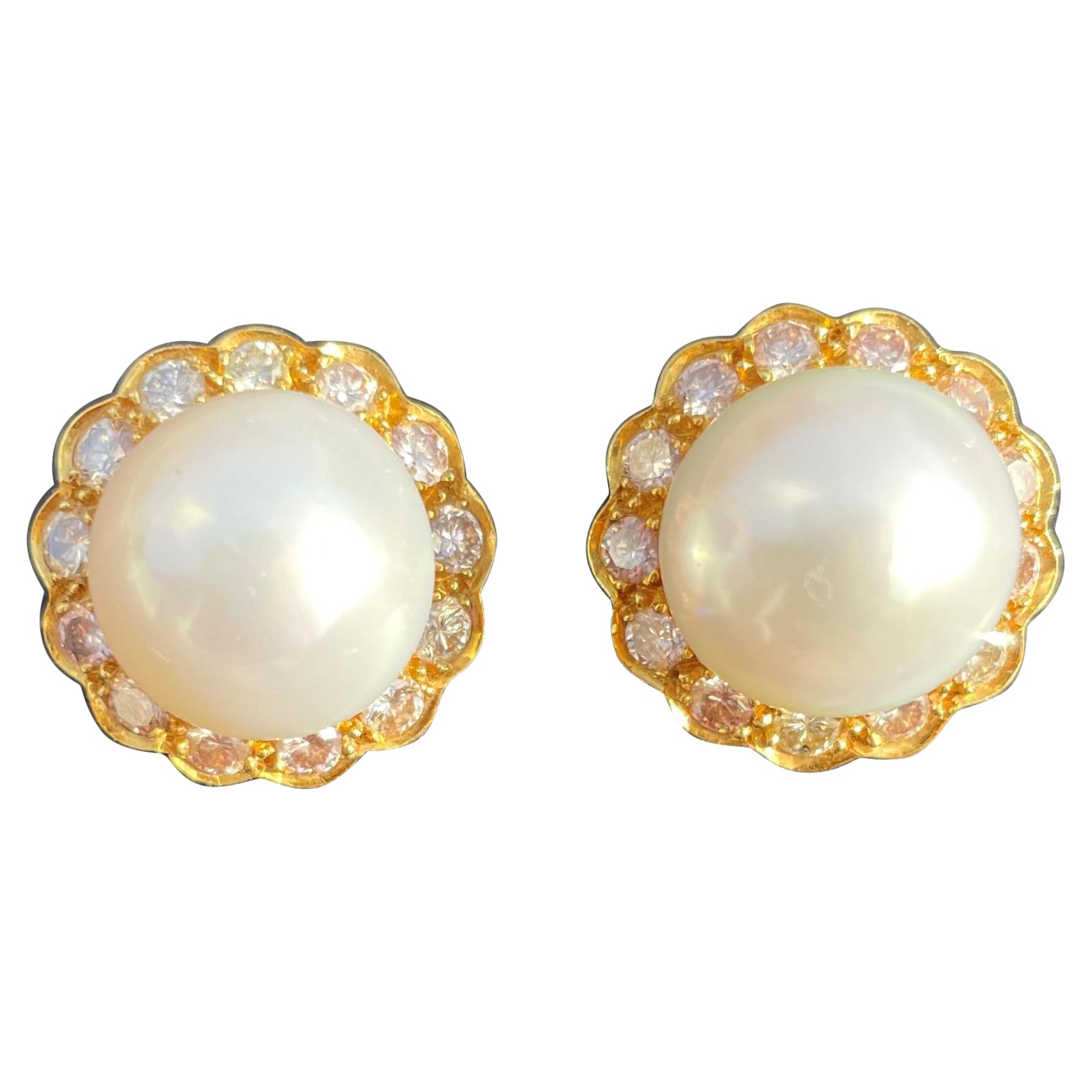 Vintage 14k Golden Clip on Earrings with Diamonds and Pearl For Sale