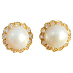 Retro 14k Golden Clip on Earrings with Diamonds and Pearl