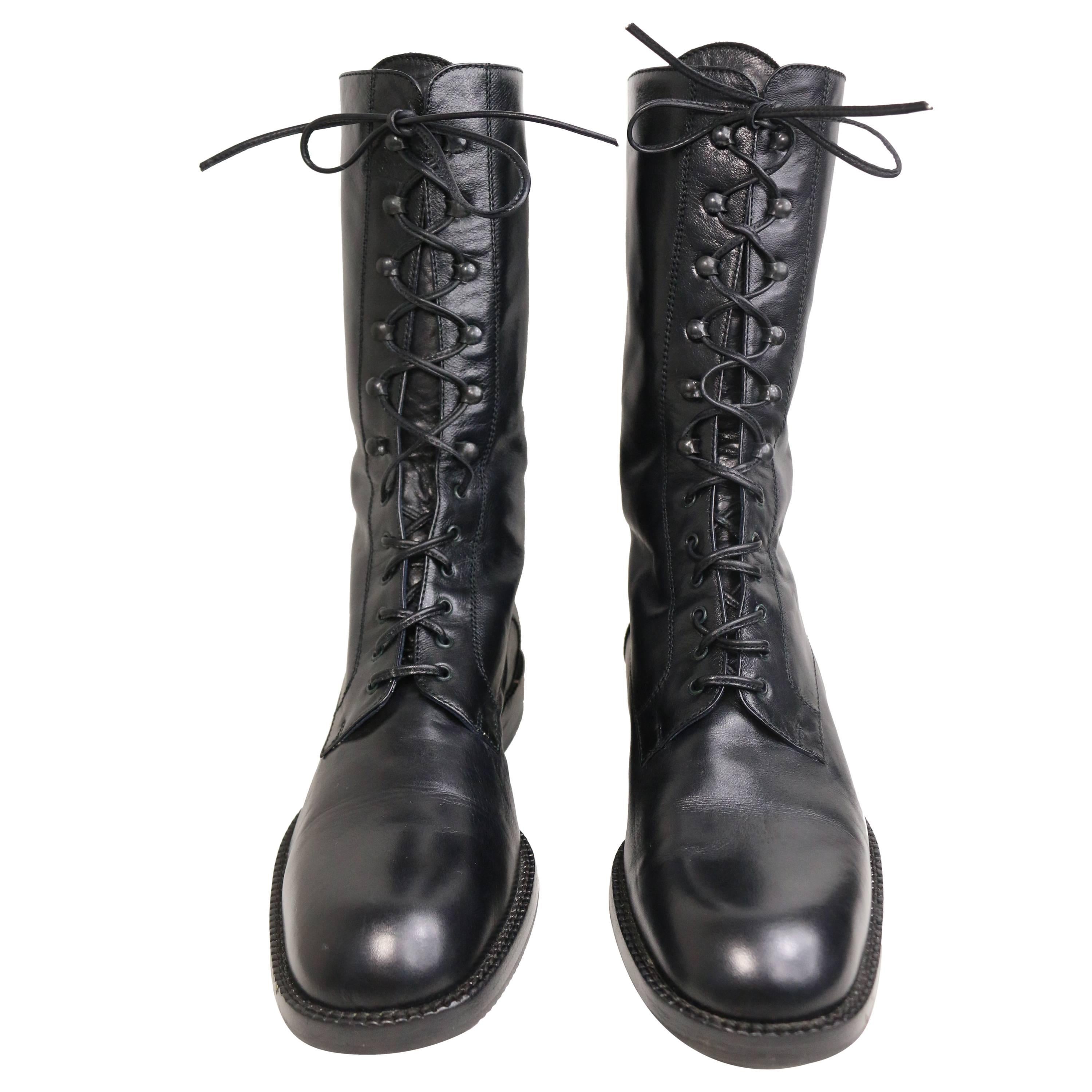 Vintage 90s Black Leather Military Style Army Combat Lace Up Ankle Worker Boots 