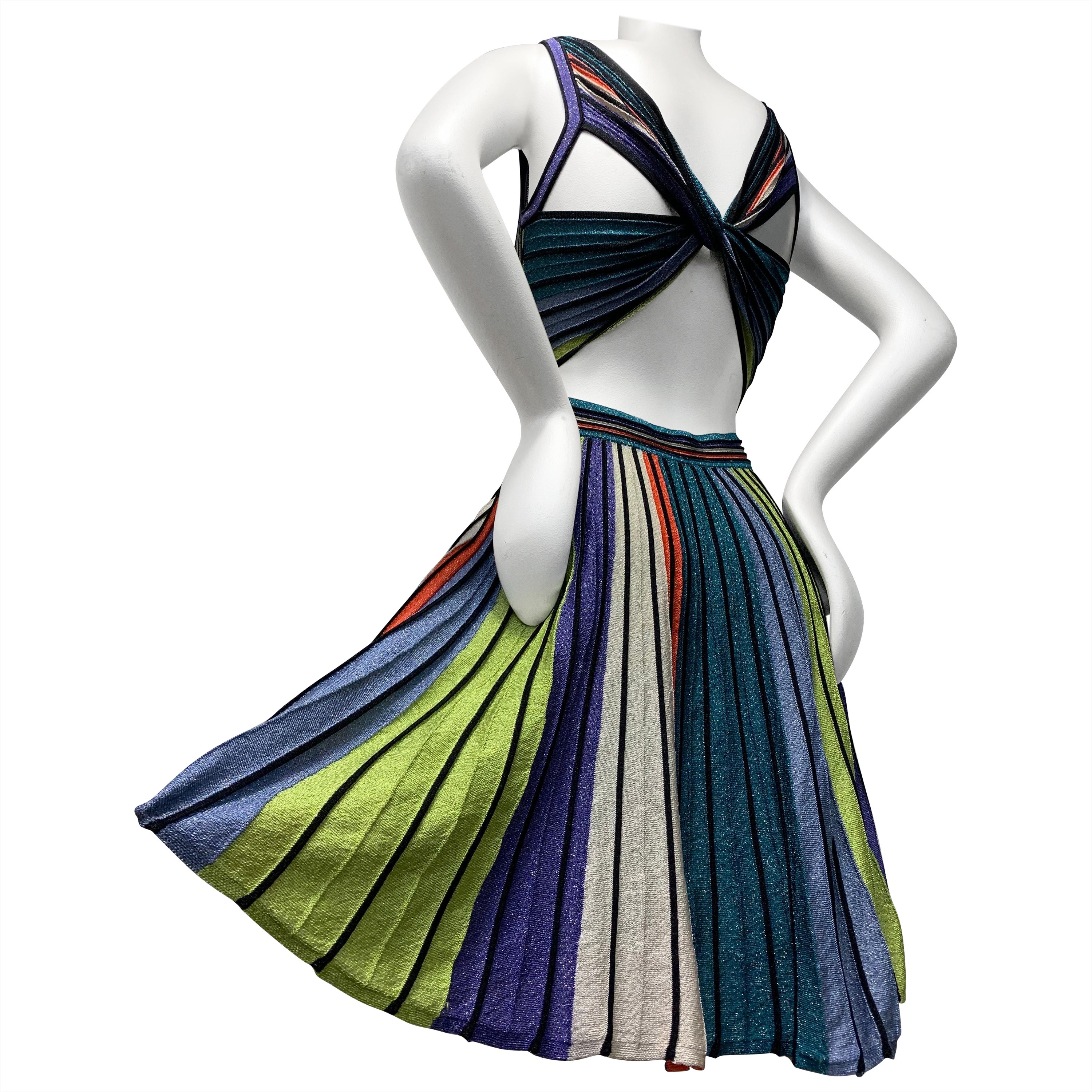 Missoni Multi Color Lurex Rib Knit Flared Dress w Butterfly Crossed Back  For Sale